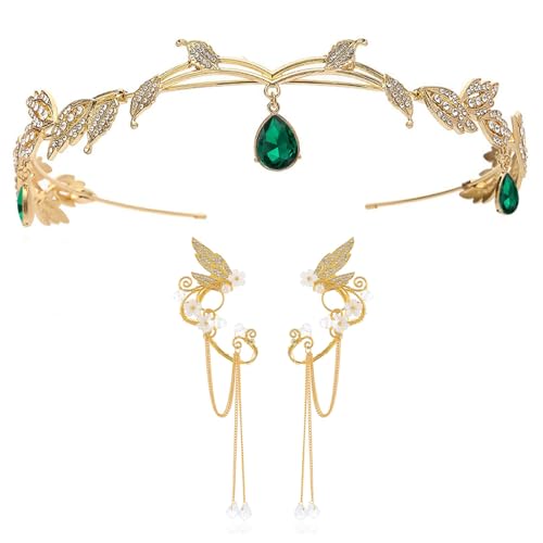 UOSIA Strass Fee Ohren Mit Elf Krone Silber Elf Ohr Schmuck 3 Stück Kristall Anhänger Hochzeit Elf Krone Für Party Kostüm Zubehör von UOSIA