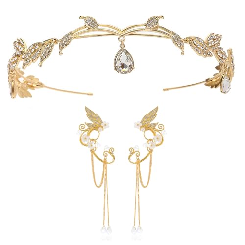 UOSIA Strass Fee Ohren Mit Elf Krone Silber Elf Ohr Schmuck 3 Stück Kristall Anhänger Hochzeit Elf Krone Für Party Kostüm Zubehör von UOSIA