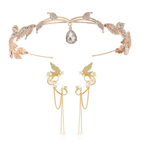 UOSIA Strass Fee Ohren Mit Elf Krone Silber Elf Ohr Schmuck 3 Stück Kristall Anhänger Hochzeit Elf Krone Für Party Kostüm Zubehör von UOSIA