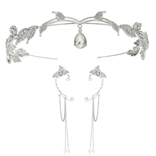UOSIA Strass Fee Ohren Mit Elf Krone Silber Elf Ohr Schmuck 3 Stück Kristall Anhänger Hochzeit Elf Krone Für Party Kostüm Zubehör von UOSIA