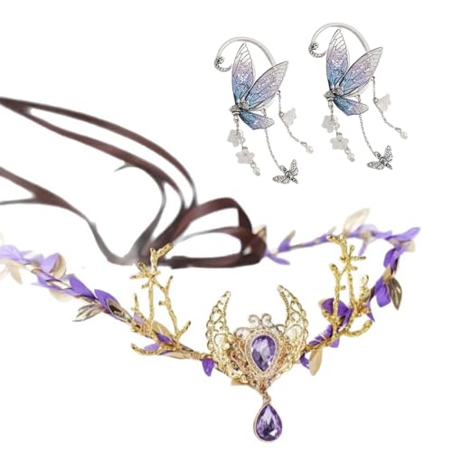 UOSIA Wald Fee Blume Krone Mit Schmetterling Elf Ohren Grün Fee Kristall Kopfstück Prinzessin Krone Für Cosplay Dress Up Prom Zubehör von UOSIA