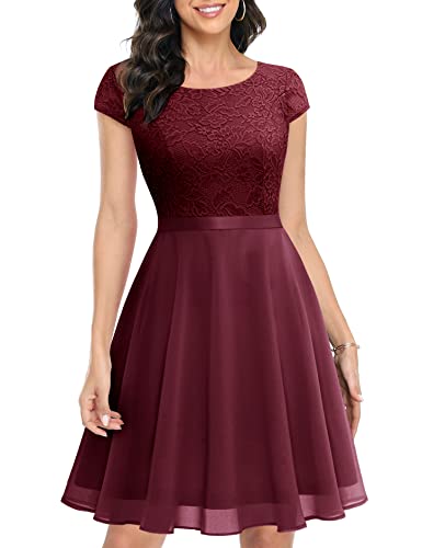 UOTORI Damen Abendkleid Cocktailkleid Kurz Elegant Spitzenkleid Chiffon Rundhalsausschnitt Brautkleid Burgundy XXL von UOTORI