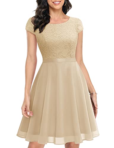 UOTORI Damen Abendkleid Kurz Cocktailkleid Elegant Spitzenkleid Chiffon Rundhalsausschnitt Brautkleid Champagner XL von UOTORI