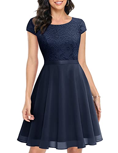 UOTORI Damen Blumenspitze Kurze Brautjungfernkleider Chiffon A-Linie Cocktailkleid Hochzeit Gast formelle Kleider Marineblau Medium von UOTORI