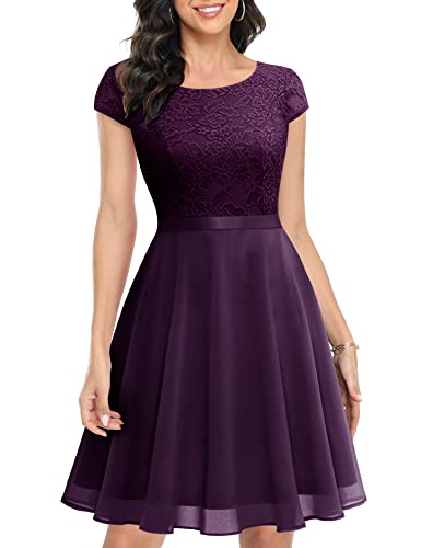 UOTORI Damen Cocktailkleid Kurz Abendkleid Elegant Spitzenkleid Chiffon Rundhalsausschnitt Brautjungfernkleider Grape L von UOTORI