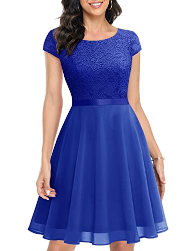 UOTORI Damen Cocktailkleid Kurz Abendkleider Elegant für Hochzeit Spitzenkleid Rundhalsausschnitt Brautkleid Royalblau L von UOTORI