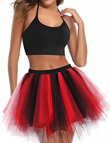 UOTORI Tüllrock Damen Tutu Kurz Petticoat Unterrock Ballet Tanzrock Vintage Tüll Kinder Retro Ballettrock Schwarz Rot M von UOTORI