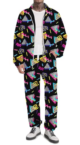 UOUA 80er Outfit für Männer 90er Tracksuit Kostüm für Halloween 70er Windbreaker Jacke Track Anzug 2 Stück Hip Hop Set Schwarz Drucken 3XL von UOUA
