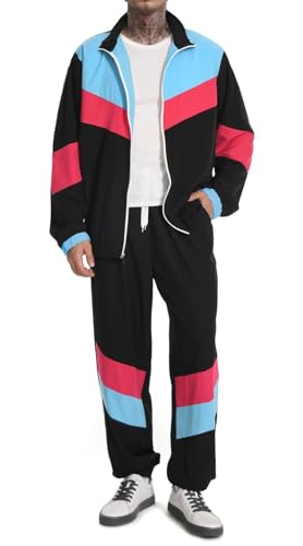 UOUA 80er Outfit für Männer 90er Tracksuit Kostüm für Halloween 70er Windbreaker Jacke Track Anzug 2 Stück Hip Hop Set Schwarz L von UOUA
