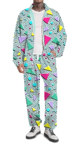 UOUA 80er Outfit für Männer 90er Tracksuit Kostüm für Halloween 70er Windbreaker Jacke Track Anzug 2 Stück Hip Hop Set Weißer Druck 3XL von UOUA