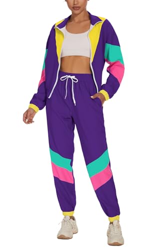 UOUA Frauen Farbe Block 2 Stück 80er 90er Outfits Langärmel Windbreaker Jacke Trainingsanzug Set Lila XL von UOUA