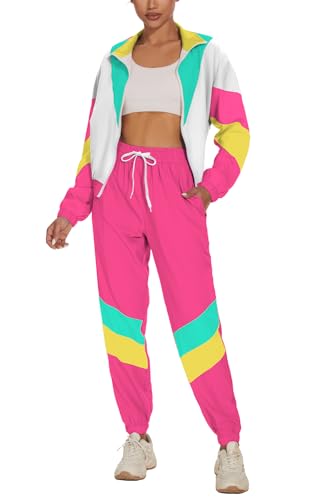UOUA Frauen Farbe Block 2 Stück 80er 90er Outfits Langärmel Windbreaker Jacke Trainingsanzug Set Rosa Weiß M von UOUA