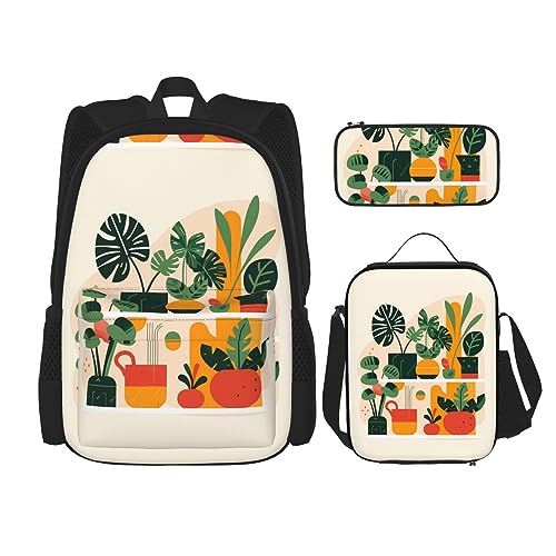 Cartoon Topf Schildkröte zurück Bambus Große Kapazität Rucksack Mittagessen Tasche Stifttasche 3-teiliges Set für Büro Reisen Camping Unisex, Schwarz , Einheitsgröße von UPIKIT