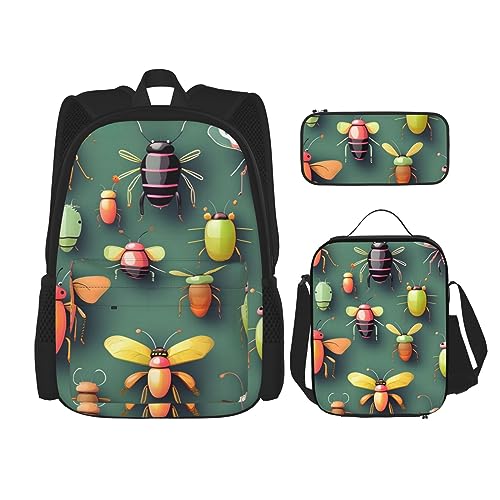 Insect Atlas Rucksack mit großem Fassungsvermögen, Lunch-Tasche, Stifttasche, 3-teiliges Set für Büro, Reisen, Camping, Unisex, Schwarz , Einheitsgröße von UPIKIT