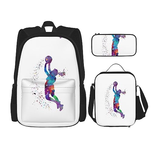 Rucksack mit Basketball-Mädchen-Motiv, große Kapazität, Lunch-Tasche, Stifttasche, 3-teiliges Set für Büro, Reisen, Camping, Unisex, Schwarz , Einheitsgröße von UPIKIT