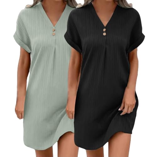 2er Pack Musselin Kleid Damen Sommer V-Ausschnitt Luftige Tunika Kleid Einfarbige mit Knöpfen Leicht Musselin Bluse Kleid Boho Strandkleider A-Linie Kleid Freizeitkleid Lässiges Kurzarm Sommerkleid von UPOI