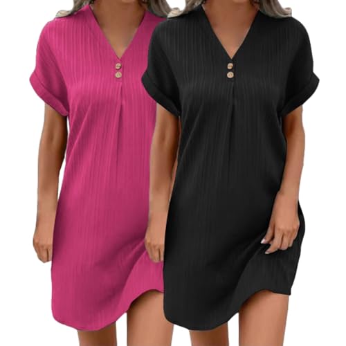 2er Pack Musselin Kleid Damen Sommer V-Ausschnitt Luftige Tunika Kleid Einfarbige mit Knöpfen Leicht Musselin Bluse Kleid Boho Strandkleider A-Linie Kleid Freizeitkleid Lässiges Kurzarm Sommerkleid von UPOI