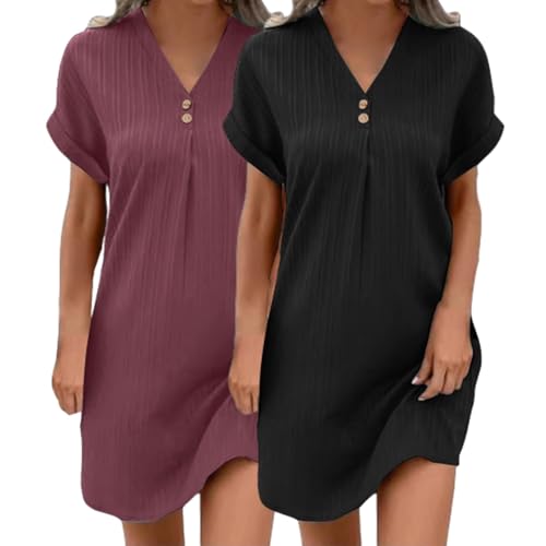 2er Pack Musselin Kleid Damen Sommer V-Ausschnitt Luftige Tunika Kleid Einfarbige mit Knöpfen Leicht Musselin Bluse Kleid Boho Strandkleider A-Linie Kleid Freizeitkleid Lässiges Kurzarm Sommerkleid von UPOI