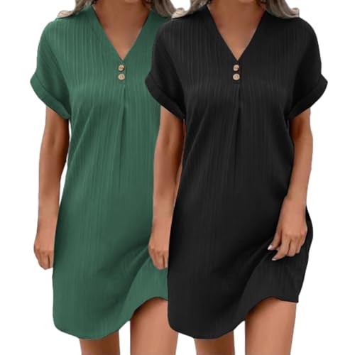 2er Pack Musselin Kleid Damen Sommer V-Ausschnitt Luftige Tunika Kleid Einfarbige mit Knöpfen Leicht Musselin Bluse Kleid Boho Strandkleider A-Linie Kleid Freizeitkleid Lässiges Kurzarm Sommerkleid von UPOI