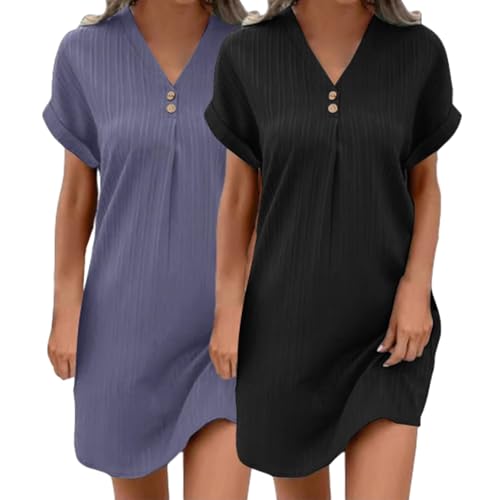 2er Pack Musselin Kleid Damen Sommer V-Ausschnitt Luftige Tunika Kleid Einfarbige mit Knöpfen Leicht Musselin Bluse Kleid Boho Strandkleider A-Linie Kleid Freizeitkleid Lässiges Kurzarm Sommerkleid von UPOI