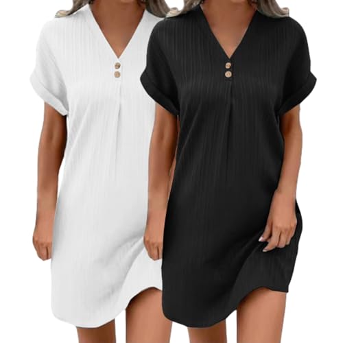 2er Pack Musselin Kleid Damen Sommer V-Ausschnitt Luftige Tunika Kleid Einfarbige mit Knöpfen Leicht Musselin Bluse Kleid Boho Strandkleider A-Linie Kleid Freizeitkleid Lässiges Kurzarm Sommerkleid von UPOI