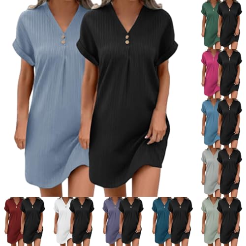 2er Pack Musselin Kleid Damen Sommer V-Ausschnitt Luftige Tunika Kleid Einfarbige mit Knöpfen Leicht Musselin Bluse Kleid Boho Strandkleider A-Linie Kleid Freizeitkleid Lässiges Kurzarm Sommerkleid von UPOI