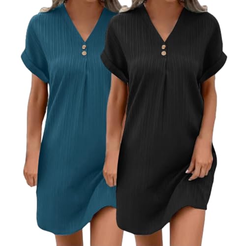 2er Pack Musselin Kleid Damen Sommer V-Ausschnitt Luftige Tunika Kleid Einfarbige mit Knöpfen Leicht Musselin Bluse Kleid Boho Strandkleider A-Linie Kleid Freizeitkleid Lässiges Kurzarm Sommerkleid von UPOI