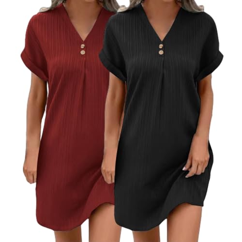 2er Pack Musselin Kleid Damen Sommer V-Ausschnitt Luftige Tunika Kleid Einfarbige mit Knöpfen Leicht Musselin Bluse Kleid Boho Strandkleider A-Linie Kleid Freizeitkleid Lässiges Kurzarm Sommerkleid von UPOI
