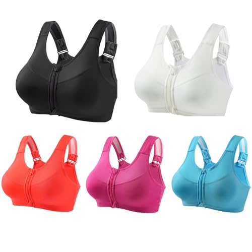 5er Pack Sport BH ohne Bügel mit Reissverschluss Vorne Push Up BH Hebe Starker Halt BH mit Breiten Trägern Push Up Gym Tops für Frauen Nahtloser Yoga BH von UPOI