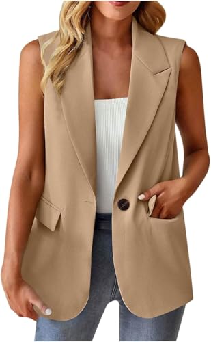 Blazer Damen Sportlich Elegant Ärmellose Weste Einfarbig Anzug Jacke Open Front Longblazer Büro Anzugjacke Knöpfen Leichte Anzugweste Revers Vest Sweatblazer Freizeit Business Damen-Westen mit Taschen von UPOI