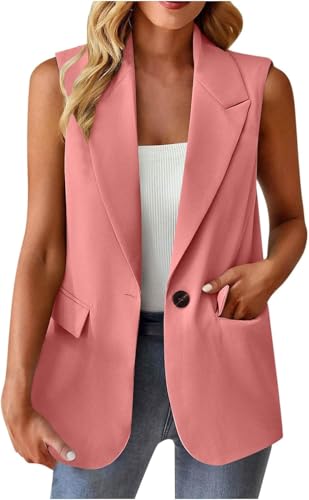Blazer Damen Sportlich Elegant Ärmellose Weste Einfarbig Anzug Jacke Open Front Longblazer Büro Anzugjacke Knöpfen Leichte Anzugweste Revers Vest Sweatblazer Freizeit Business Damen-Westen mit Taschen von UPOI