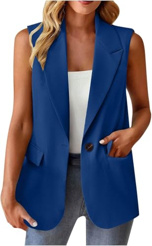 Blazer Damen Sportlich Elegant Ärmellose Weste Einfarbig Anzug Jacke Open Front Longblazer Büro Anzugjacke Knöpfen Leichte Anzugweste Revers Vest Sweatblazer Freizeit Business Damen-Westen mit Taschen von UPOI