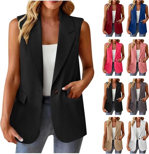 Blazer Damen Sportlich Elegant Ärmellose Weste Einfarbig Anzug Jacke Open Front Longblazer Büro Anzugjacke Knöpfen Leichte Anzugweste Revers Vest Sweatblazer Freizeit Business Damen-Westen mit Taschen von UPOI