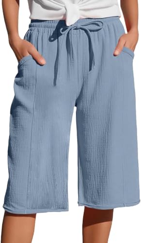 Caprihose Damen Sommer,3/4 Musselin Hose Leicht Loose Sommerhose Bequeme Elastische Stoffhose Locker Leinenhose Freizeit Strandhose Kurze Jogginghose mit Taschen Kordelzug von UPOI