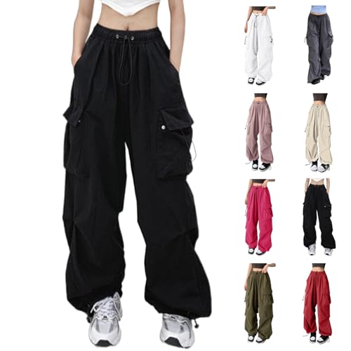 Cargohose Damen Baggy Weite Bein Hose Hip Hop Y2K Streetwear Freizeithose Jogginghose mit Gummizug Oversized Vintage 90er Track Pants Fallschirmhosen Sweathose Cargo Lange Hosen für Teenager Mädchen von UPOI