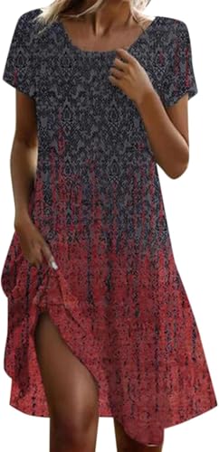 Damen Sommerkleid Lässig Sommer Boho Kleid Elegant Blumendruck Maxikleid T Shirt Midi Summer Dress Tunikakleid Große Größen Kurzarm A-Linie Strandkleid Festliche Kleider U-Ausschnitt Beach Tunika von UPOI
