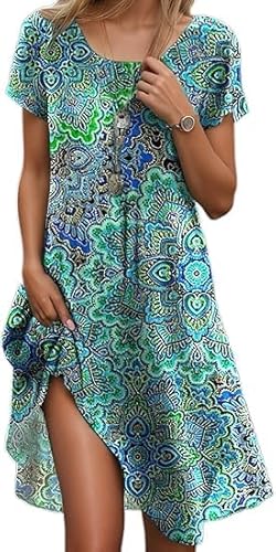 Damen Sommerkleid Lässig Sommer Boho Kleid Elegant Blumendruck Maxikleid T Shirt Midi Summer Dress Tunikakleid Große Größen Kurzarm A-Linie Strandkleid Festliche Kleider U-Ausschnitt Beach Tunika von UPOI