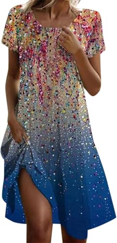 Damen Sommerkleid Lässig Sommer Boho Kleid Elegant Blumendruck Maxikleid T Shirt Midi Summer Dress Tunikakleid Große Größen Kurzarm A-Linie Strandkleid Festliche Kleider U-Ausschnitt Beach Tunika von UPOI
