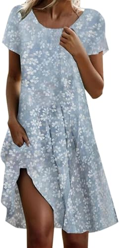 Damen Sommerkleid Lässig Sommer Boho Kleid Elegant Blumendruck Maxikleid T Shirt Midi Summer Dress Tunikakleid Große Größen Kurzarm A-Linie Strandkleid Festliche Kleider U-Ausschnitt Beach Tunika von UPOI
