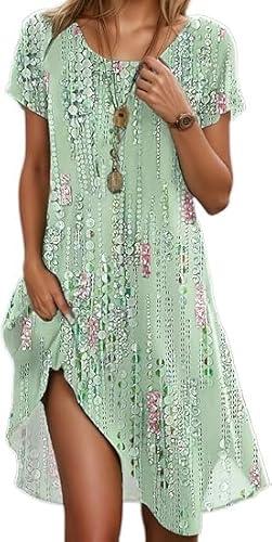 Damen Sommerkleid Lässig Sommer Boho Kleid Elegant Blumendruck Maxikleid T Shirt Midi Summer Dress Tunikakleid Große Größen Kurzarm A-Linie Strandkleid Festliche Kleider U-Ausschnitt Beach Tunika von UPOI