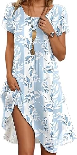 Damen Sommerkleid Lässig Sommer Boho Kleid Elegant Blumendruck Maxikleid T Shirt Midi Summer Dress Tunikakleid Große Größen Kurzarm A-Linie Strandkleid Festliche Kleider U-Ausschnitt Beach Tunika von UPOI