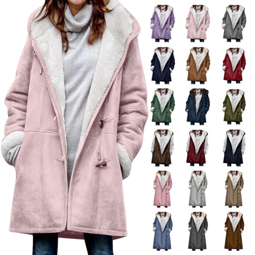 Damen Winterjacke Warme Winter Jacke Parka Mantel mit Kapuze Wintermäntel mit Taschen Pullover Kapuzenpullover Damen Plus Size Solid Velvet Coat Long Sleeve Horn Buckle Pocket Overcoat S-5XL von UPOI