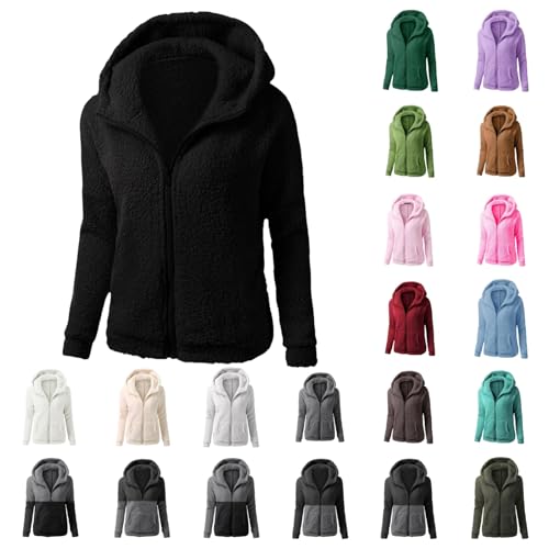 Fleece Jacke Damen Winter Teddy Mantel Mit Reißverschluss Und Kapuze - Warme Plüsch Jacke Einfarbig Große Größen Langarm Übergangsjacke von UPOI