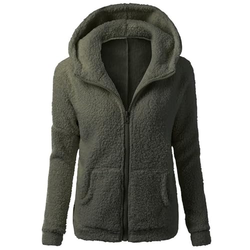 Fleece Jacke Damen Winter Teddy Mantel Mit Reißverschluss Und Kapuze - Warme Plüsch Jacke Einfarbig Große Größen Langarm Übergangsjacke von UPOI