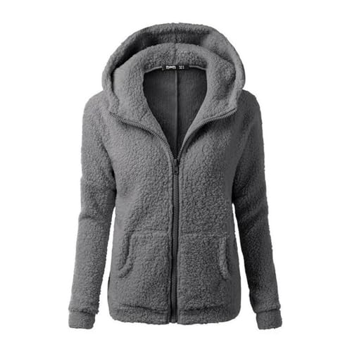 Fleece Jacke Damen Winter Teddy Mantel Mit Reißverschluss Und Kapuze - Warme Plüsch Jacke Einfarbig Große Größen Langarm Übergangsjacke von UPOI
