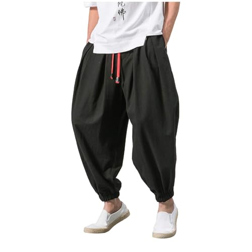 Herren Harem Japanisch Einfarbige Leinenhose aus Baumwolle und Leinen Loose Casual Freizeithose Heimhose Baggy Haremshose Mit Taschen Und Kodelzug Lang Leichte Atmungsaktiv Pluderhose Pants von UPOI