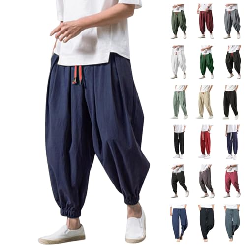 Herren Harem Japanisch Einfarbige Leinenhose aus Baumwolle und Leinen Loose Casual Freizeithose Heimhose Baggy Haremshose Mit Taschen Und Kodelzug Lang Leichte Atmungsaktiv Pluderhose Pants von UPOI