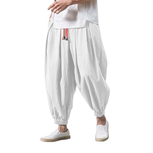Herren Harem Japanisch Einfarbige Leinenhose aus Baumwolle und Leinen Loose Casual Freizeithose Heimhose Baggy Haremshose Mit Taschen Und Kodelzug Lang Leichte Atmungsaktiv Pluderhose Pants von UPOI
