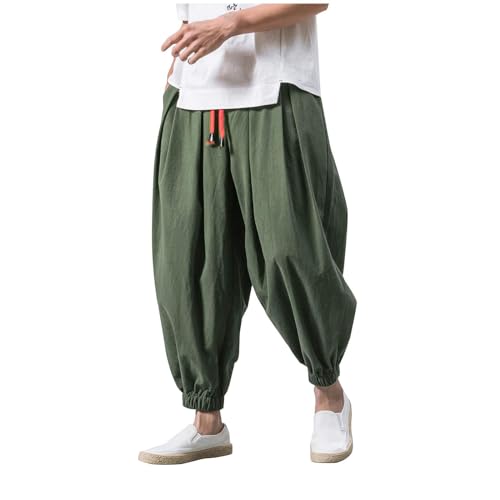 Herren Harem Japanisch Einfarbige Leinenhose aus Baumwolle und Leinen Loose Casual Freizeithose Heimhose Baggy Haremshose Mit Taschen Und Kodelzug Lang Leichte Atmungsaktiv Pluderhose Pants von UPOI
