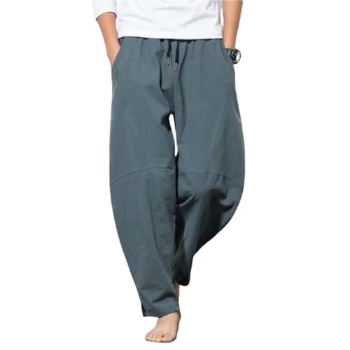 Herren Harem Japanisch Einfarbige Leinenhose aus Baumwolle und Leinen Loose Casual Freizeithose Heimhose Baggy Haremshose Mit Taschen Und Kodelzug Lang Leichte Atmungsaktiv Pluderhose Pants von UPOI